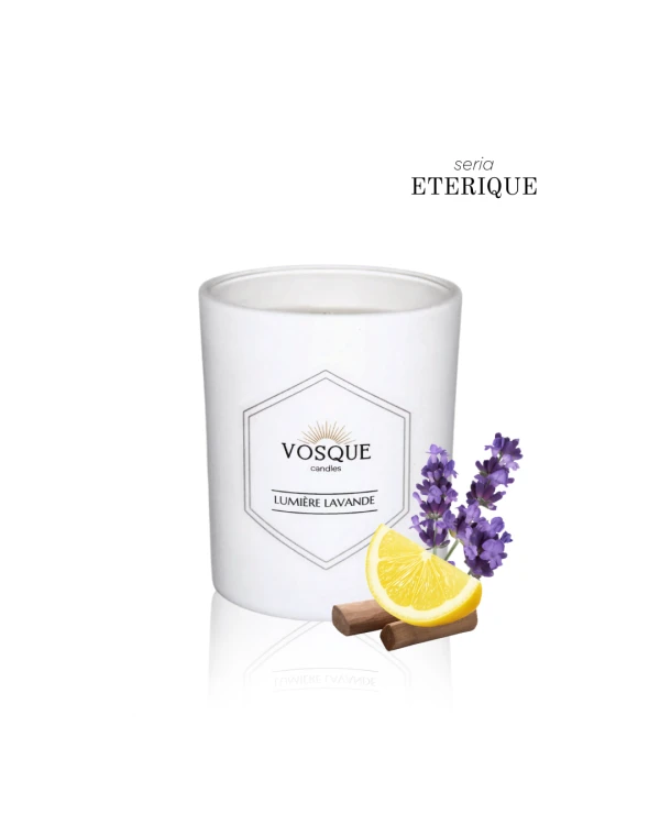 Świeca z wosku pszczelego LUMIERE LAVANDE 200 ml w białym szkle - naturalny zapach z olejków eterycznych - VOSQUE candles