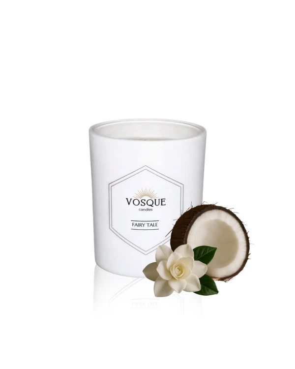 Świeca z wosku pszczelego FAIRY TALE 200 ml w białym szkle ze złotą pokrywką - zapach gardenii, kokosa i piżma - VOSQUE candles